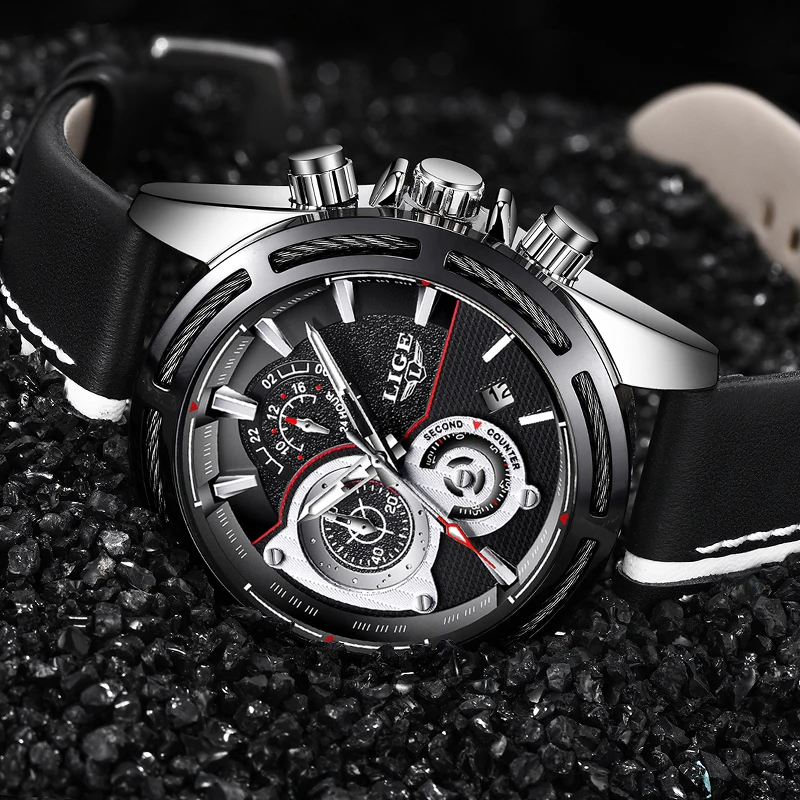 2018LIGE Mens Watches Top Brand Luxury Military Quartz Watch Men Leather Automatic Date Waterproo Sport Watch Relogio Masculino