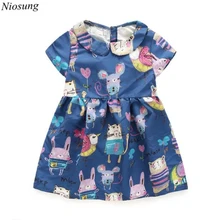 Niosung 2016 High Quality Baby Girls Cartoon Printing Short Sleeve Doll Collar Pincess Dress Kids Child Princess Clothing v
