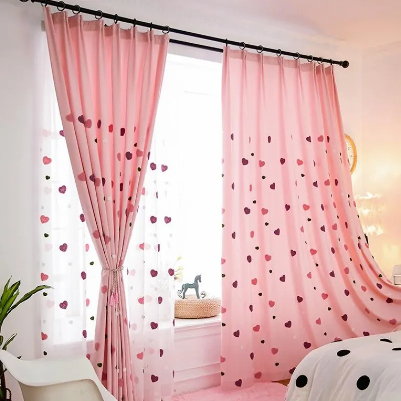 

Pink Heat Shape Love Embroidered Curtains for Kids Room Bedroom Princess Cartoon French Window Voile Panels JS51C