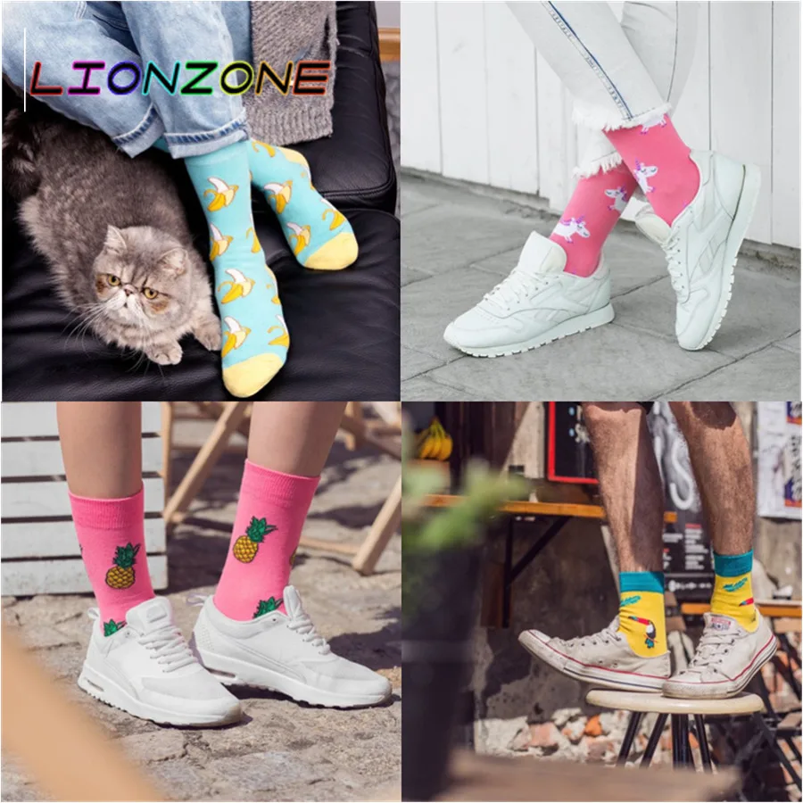 LIONZONE, Осень-зима, новые мужские и женские носки для пары, длинные хлопковые носки без пятки, жаккардовые носки с рисунками животных, фруктов, US8-12