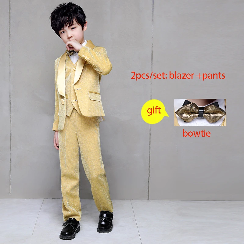 Flower Boy Wedding Dress Suit Sets Children Gold 3Pcs Catwalk Piano Costume Kids Blazer Vest Pants Shirts Clothes Sets - Цвет: 2pcs