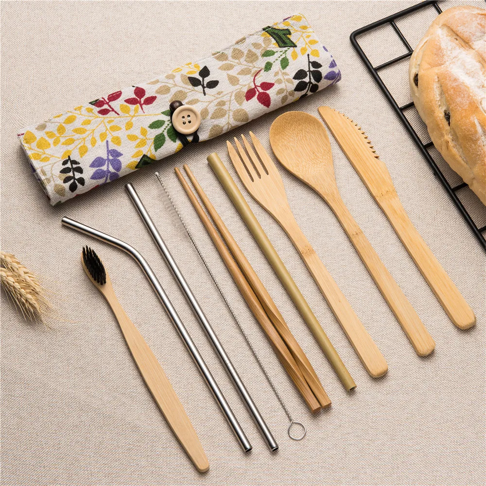 

Portable Cutlery Wooden Tableware Cutlery Set Straight Bent Metal Straw Toothbrush Chopsticks Forks Knives Spoons for Travel Set
