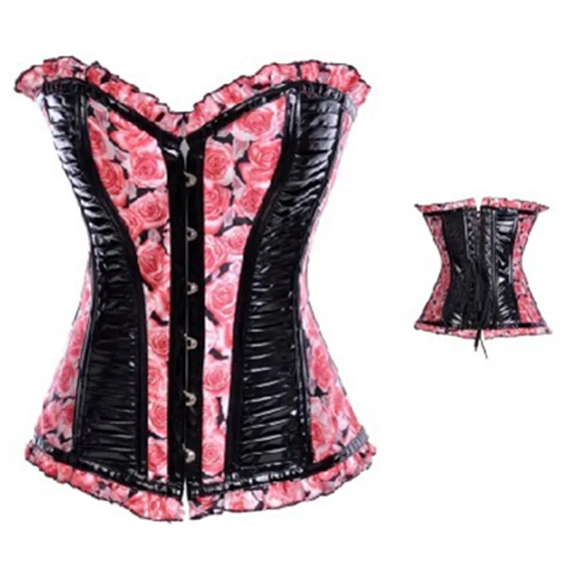 2016 Fancy Women overbust pink corset floral leather printing corset