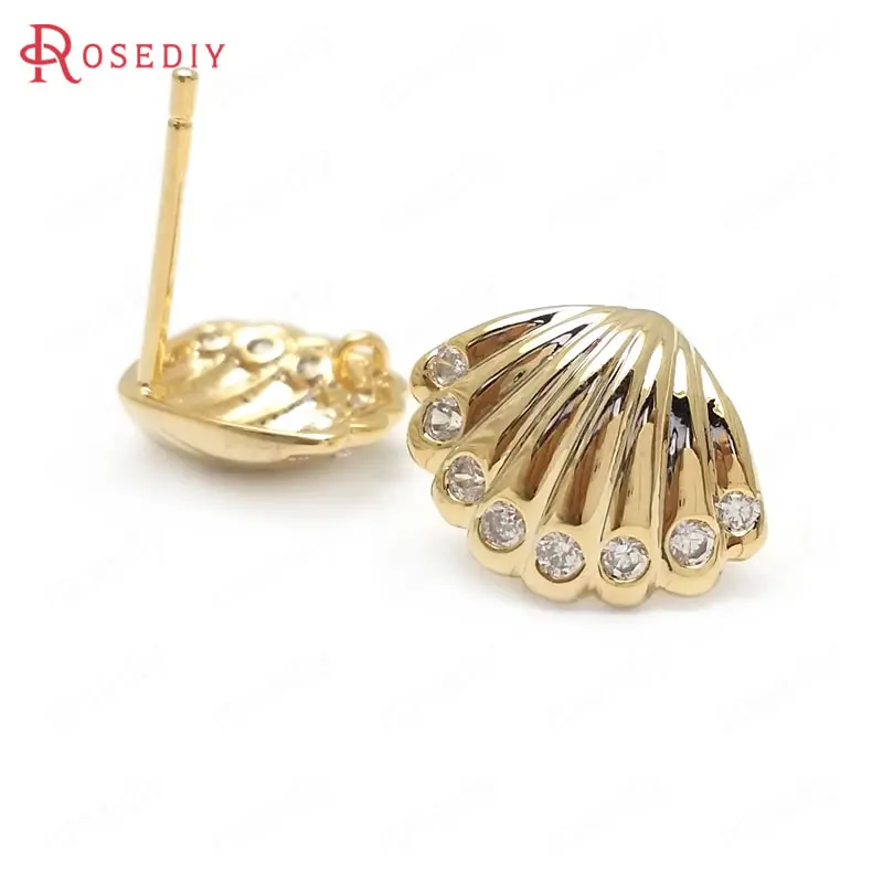 

(36061)6PCS 12x10MM 24K Gold Color Brass and Zircon SeaShell Stud Earrings High Quality Diy Jewelry Findings Accessories
