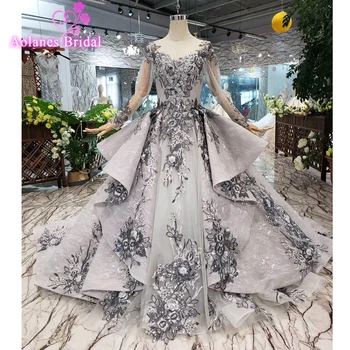 

Long Prom Dresses 2019 Ball Gown Gray 3d Flowers Evening Gowns Formal Tulle Lace Plus Size Dress Beaded Lace Vestidos De Fiesta
