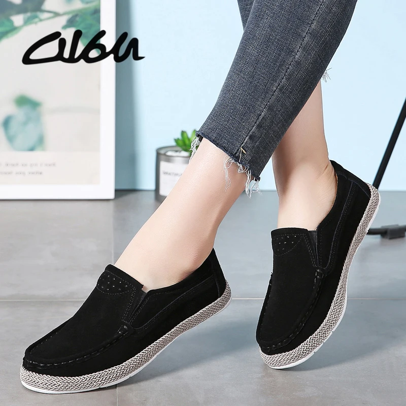 

O16U Women Ballet Shoes Flats Cut Out Leather Suede Breathbale Moccains Women Boat Shoes Ballerina Ladies Shoes Female Footwear