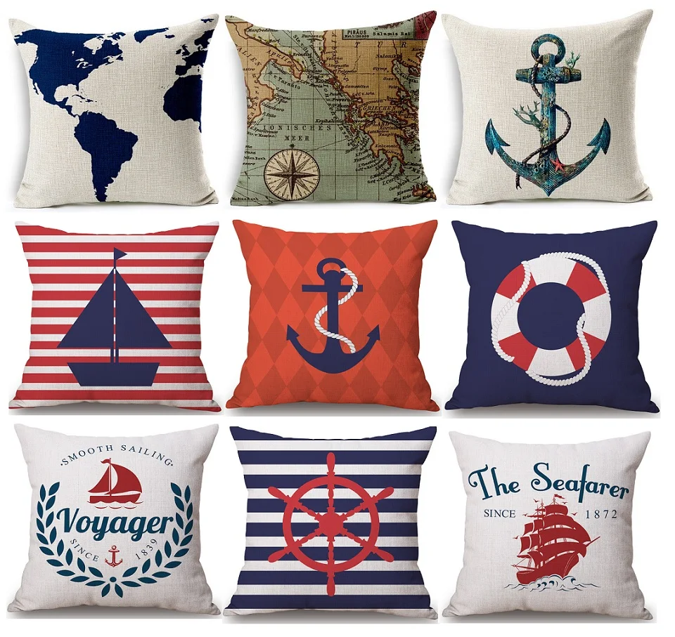Sea Voyager Boat Ship Cushion Covers Anchors Rudder Compass Sea Map