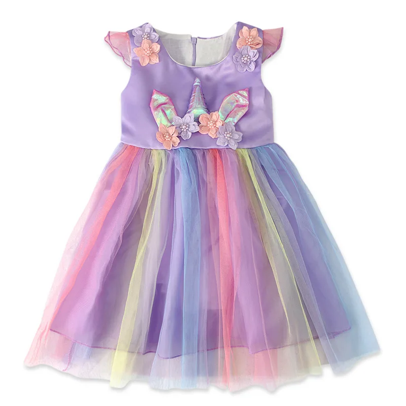 Детское летнее платье с единорогом для девочек яркое детское платье с короткими рукавами праздничное свадебное платье принцессы