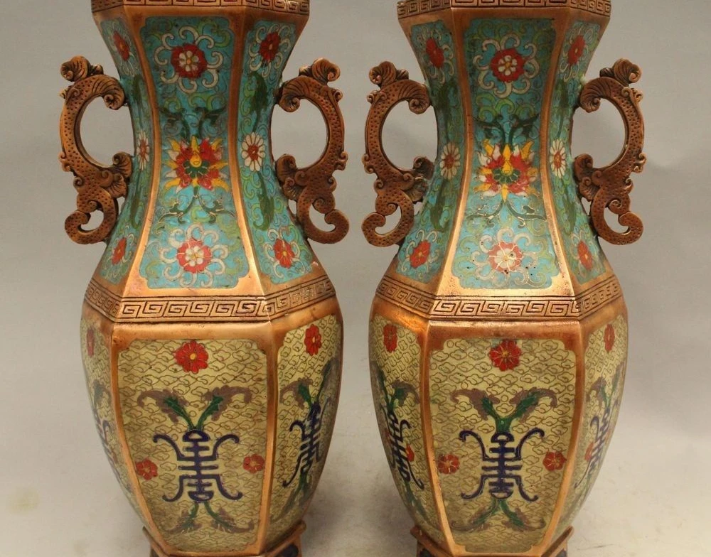 

Chinese Royal Bronze Copper Cloisonne Dragon Phoenix Palace Pot Bottle Vase Pair