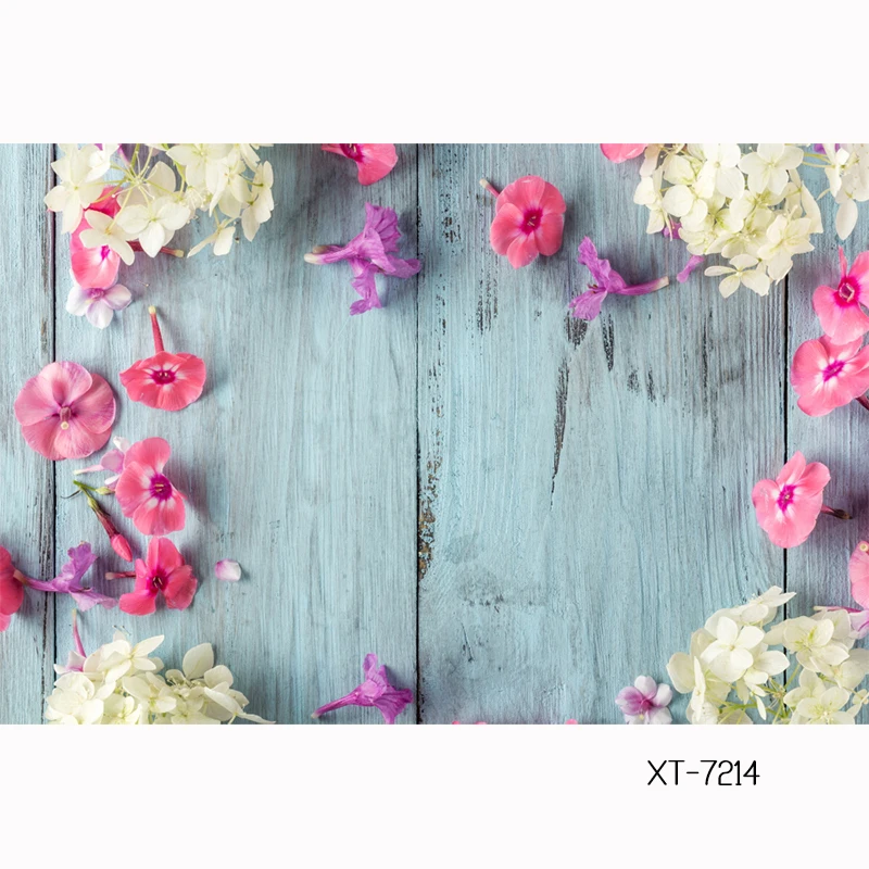 HUAYI custom Backdrop for diy Photography blue old wood board plank with pink white flowers vintage-wooden-background XT-7214
