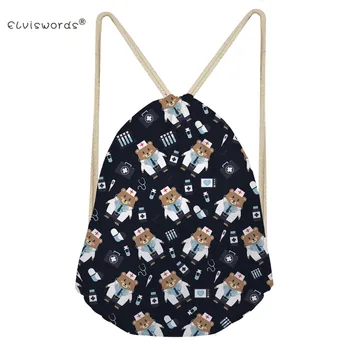 

ELVISWORDS Nurse Bear Printing School Bag Drawstring Bag for Women Backpacks Teenage Girls Travel Softback String Pouch Sack Bag