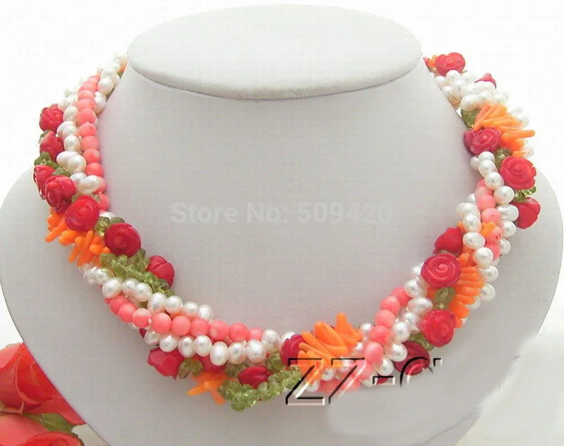 

~~ W&O655 > 5Strds Pearl&Coral&Peridot Necklace