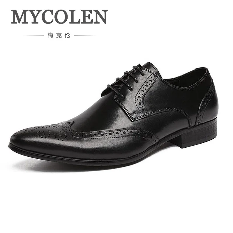 

MYCOLEN Men Business Formal Dress Shoes Oxfords Men Leather Shoes Lace-Up British Style Genuine Leather Bullock Carving Classic