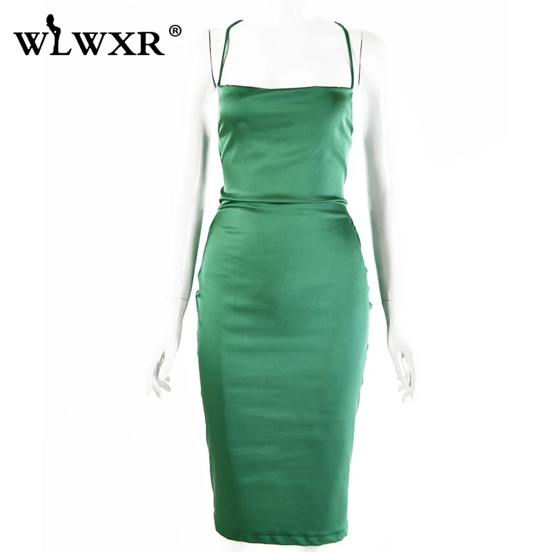 

WLWXR Sexy Bodycon Mini Satin Dress Halter Backless Solid Pink Bandage Wrap Summer Dress Women Ladies Club Short Party Dresses