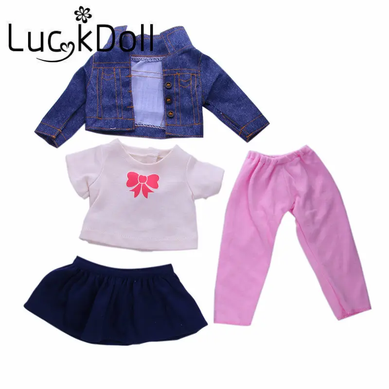LUCKDOLL/джинсовая куртка с длинными рукавами+ футболка+ платье, синяя юбка+ штаны, Размер 18 дюймов, американский стиль, 43 см, аксессуары для одежды BabyDoll, подарок для девочки - Цвет: n1227
