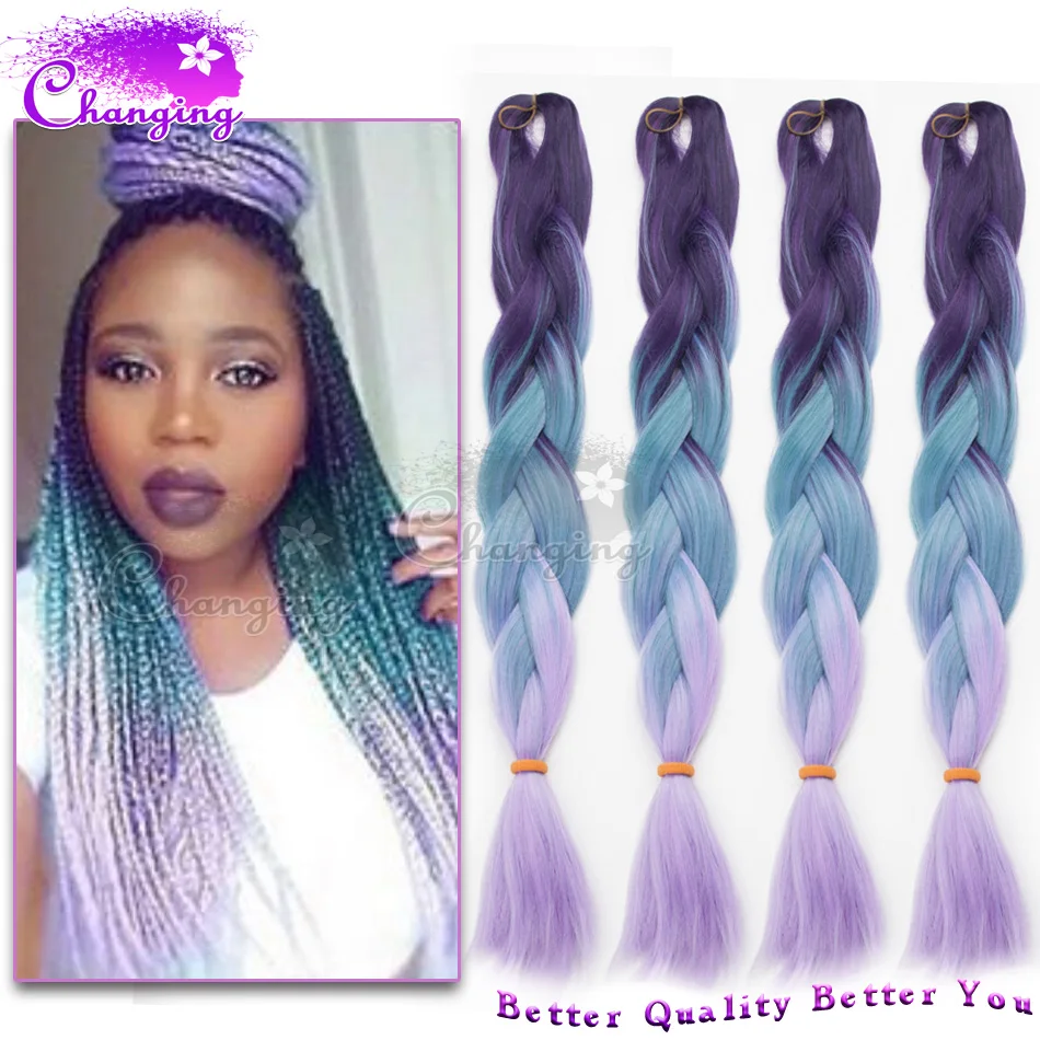 Braiding Hair Purple/Green Kanekalon Jumbo Braid Three Tone Xpression Braid...