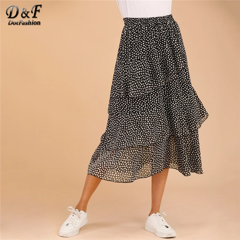 Dotfashion черно-белая многослойная юбка с принтом для женщин Лето Бохо весна Дамская мода трапециевидная Юбка со средней талией