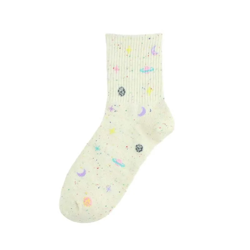 Забавные носки в стиле Харадзюку, с изображением планеты, в японском стиле, креативные, с изображением Луны, звезд, счастливые носки для женщин, теплые, милые, новинка, Sokken Meias - Цвет: Cosmic rice white