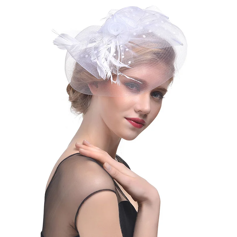 WELROG, женская элегантная шляпа-Вуалетка, свадебная, волнистая, в горошек, с вуалью, Sinamay, для коктейля, для женщин, льняная, с перьями, шляпа, вечерние, фетровая шляпа - Цвет: Белый