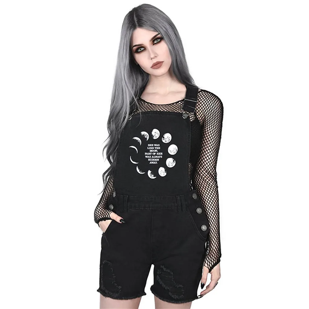 Women Street Gothic Punk summer playsuit Letter Moon Print Hole Rompers Jumpsuit Overalls Casual Woven petos mujer verano