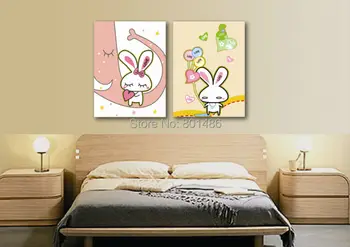 

2 pieces cartoon rabbit Wall art pictures print painting on canvas for kids bedroom Artwork for Room Decoration