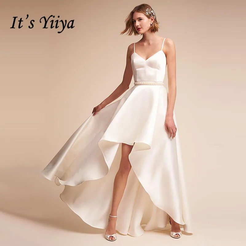 Это YiiYa свадебное платье яркий атласный, высокий, низкий длины Свадебные платья из жемчуга Спагетти ремни v-образным вырезом застежка-молния Свадебные платья G001 - Цвет: as picture