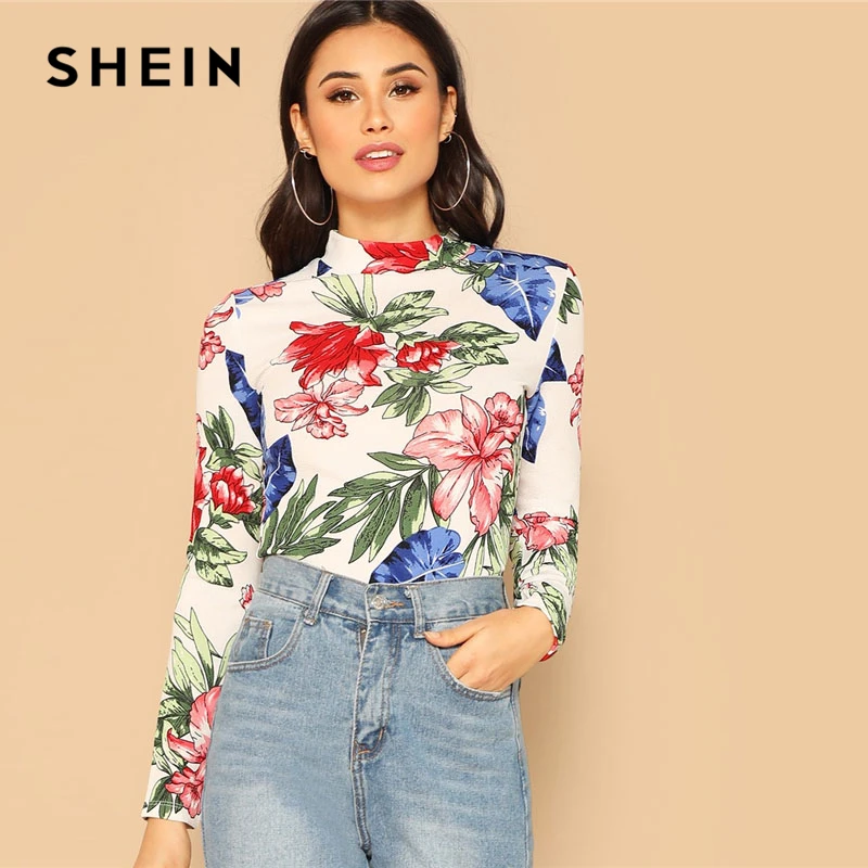 Download SHEIN White Mock neck Botanical Print Tee Long Sleeve ...