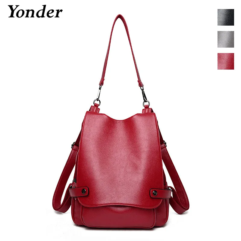 

Yonder high quality soft women's backpack genuine leather female shoulder backpack bag red black ladies school bags for teenager