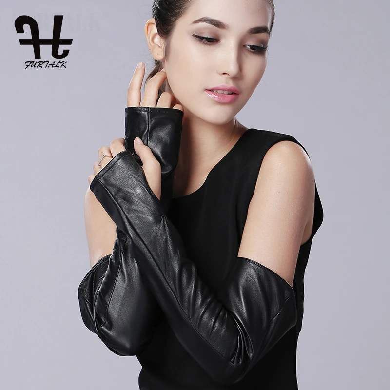 FURTALK Women's Genuine Nappa Leather Elbow Long Fingerless Driving