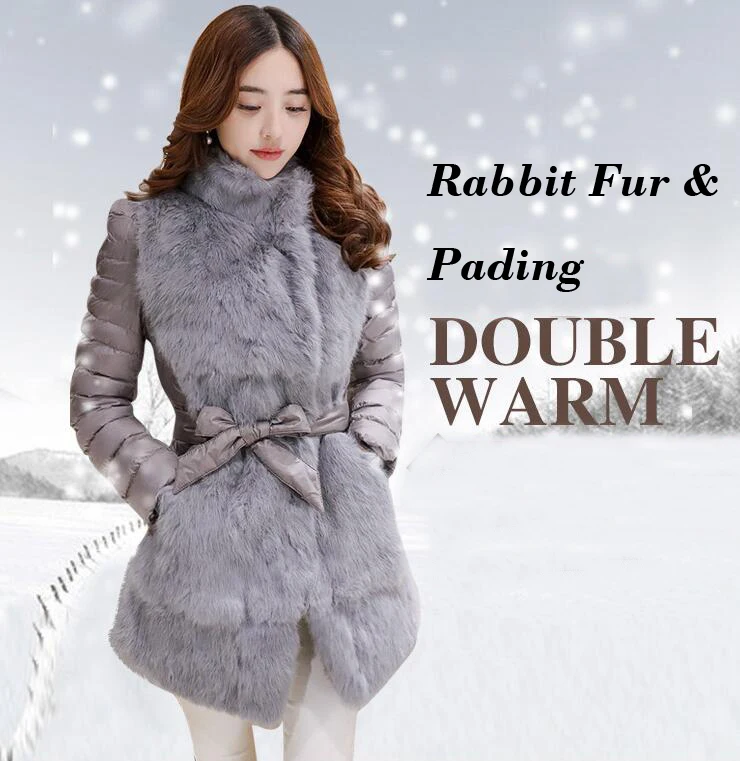 Большое теплое пальто из натурального кроличьего меха с прострочкой, двойная теплая куртка с поясом, хорошее прилегание SR240