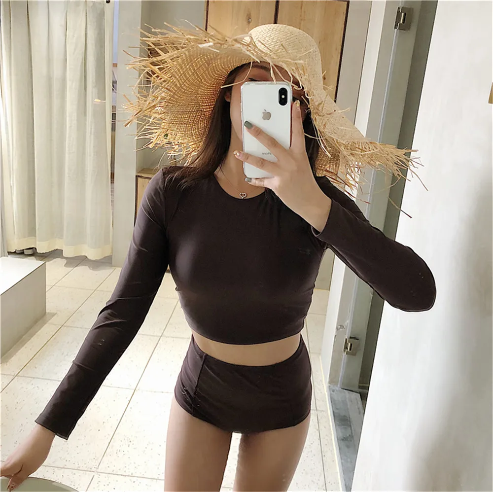 

Long Sleeve Rash Guard Women Solid Two Piece Swimsuit High Waist Swimwear Tankini Black Surfing Suit High Neck Diving Clothes