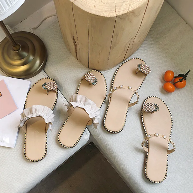 Kaufen Frauen Sandalen Flip Flops Hausschuhe Wohnungen Schuhe String Bead Sommer Mode Keile Frau Rutschen Ananas Dame Casual Weibliche