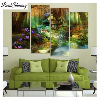 

Full Square Mosaic flowers forest trees house,4pcs/set,Needlework Diy Diamond Embroidery Diamond Painting Cross Stitch FS1765
