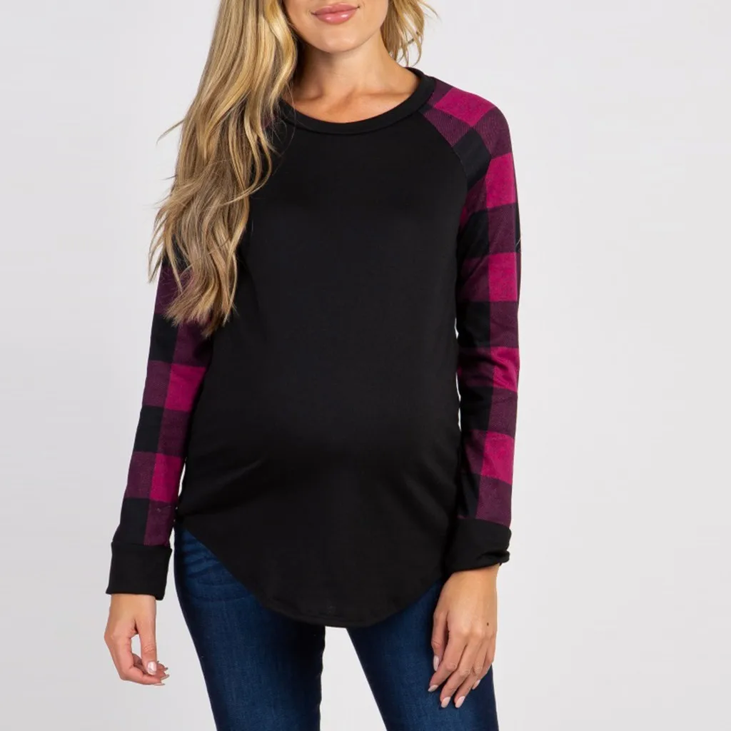 Женская клетчатая футболка с длинным рукавом для беременных, топ для беременных, удобная одежда для беременных из хлопка, брендовые футболки MOM