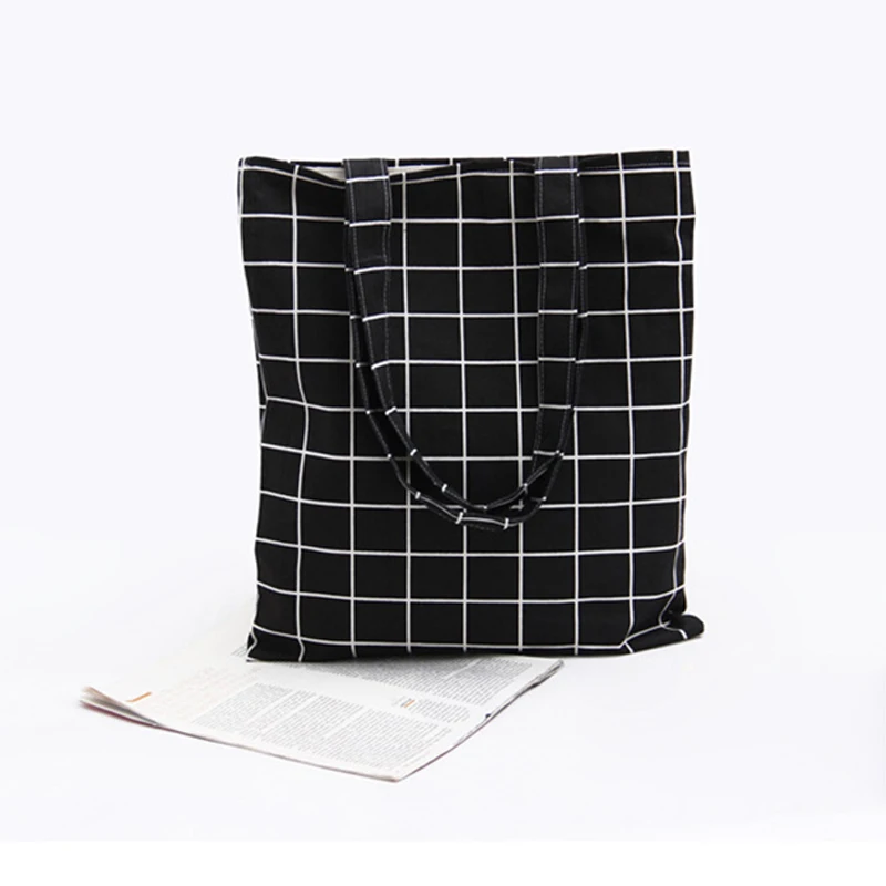 8PCS / LOT Women Shopping Bag Environmental Canvas Women Grid Large Tote Pouch Casual Folding Girls Simple Shoulder Bag