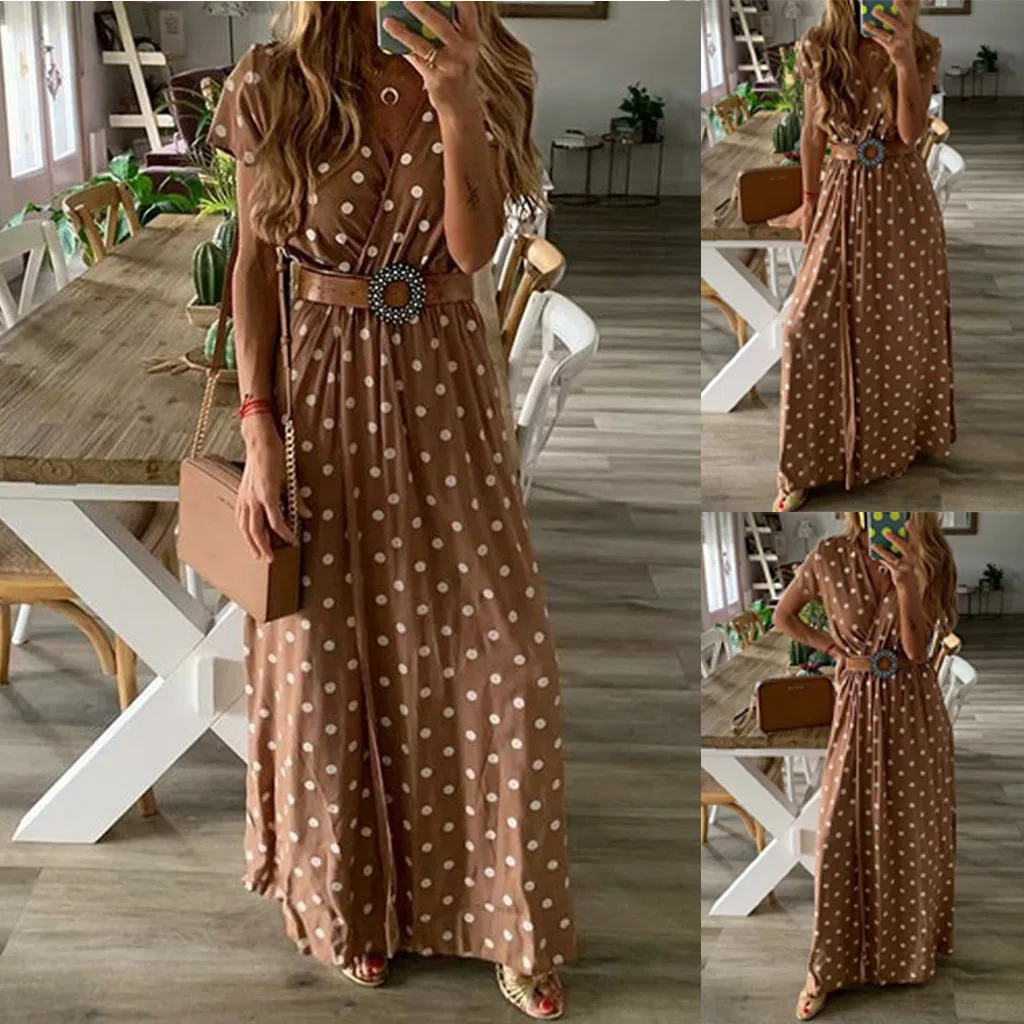 

Womens Holiday Boho Dot Print Ladies Summer Pomisi Loose Beach Party Dress