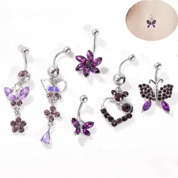 

6pcs/set Surgical Steel Dangle Navel Rings Flowers Crystal Navel Bars Cute Butterfly Belly Button Ring Piercing Body Jewelry