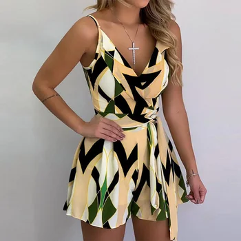 

Geo Print Sexy Spaghetti Strap Belted Rompers Women Sleeveless V-neck Summer Casual Playsuits Female One Piece Jumpsuit
