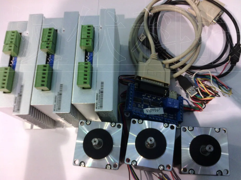 

New 3 Axis CNC control system include 3 pcs stepper motor NEMA 23(312OZ=2.2NM) and 3 pcs step driver MA860-DSP+a set Mach3 plate