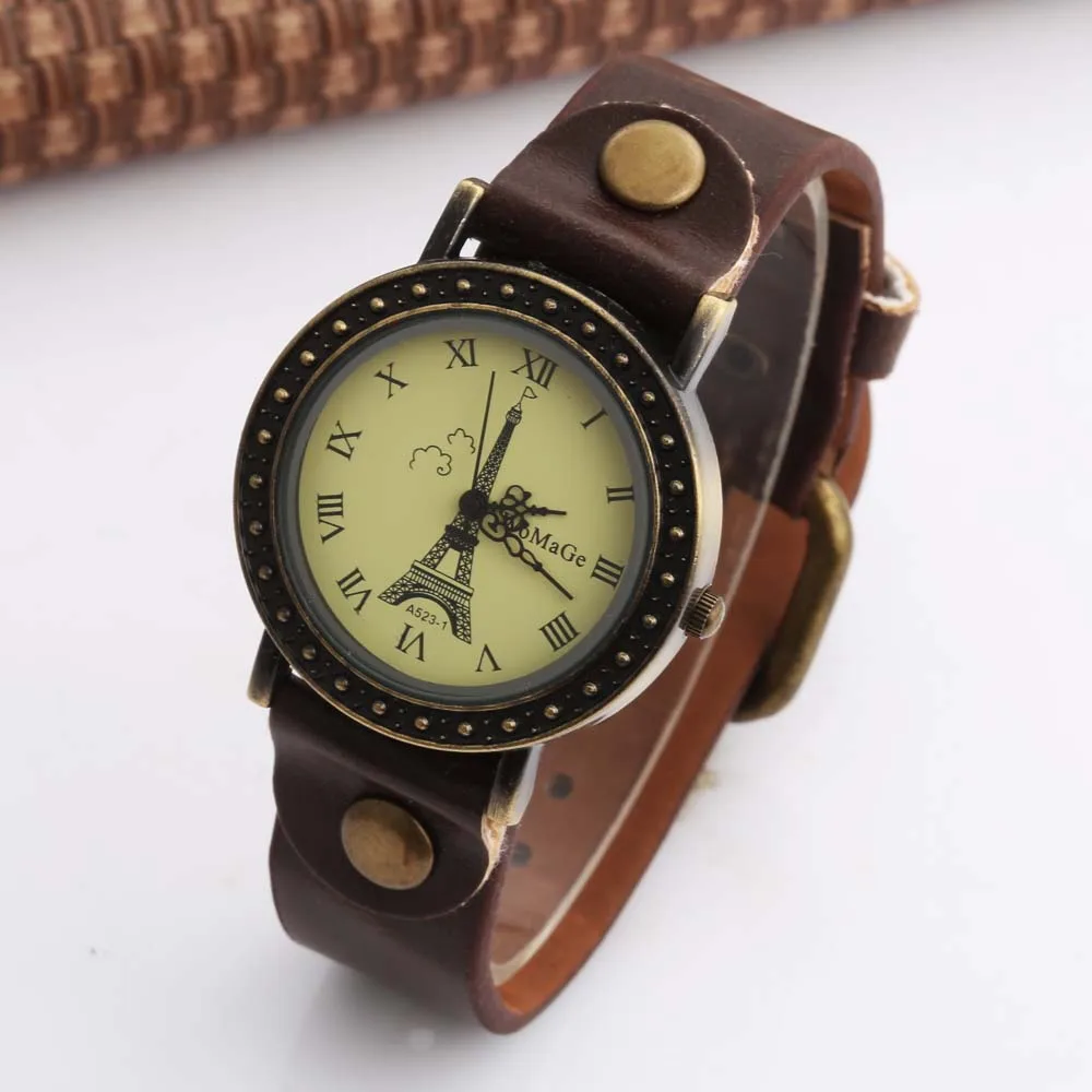 

Fashion Brand Womage Watch Fashion Vintage Watch Women Leather Quartz Watches Paris Eiffel Tower Watch montre femme 2018