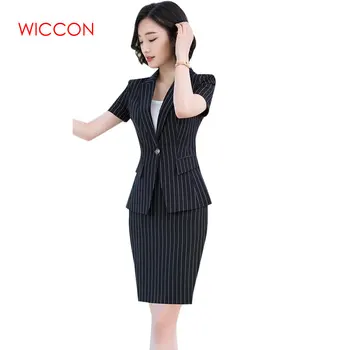 

Women Summer Spring OL Office Lady Skirt Suits Traditional Classic Striped Short Sleeved Professional Skirts Suit One Button