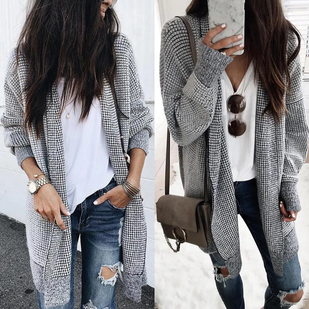Fashion Plaid Long Cardigan Autumn Winter Thicken Warm Casual Woolen Coat Women Clothes Casual Ladies Top Femme Vetement (6)