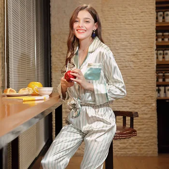 

Silk Turn-down Collar Women Lingerie Pajamas Set Cute with Long Pants Long Sleeve Homewear Sleep Wear Night Suit