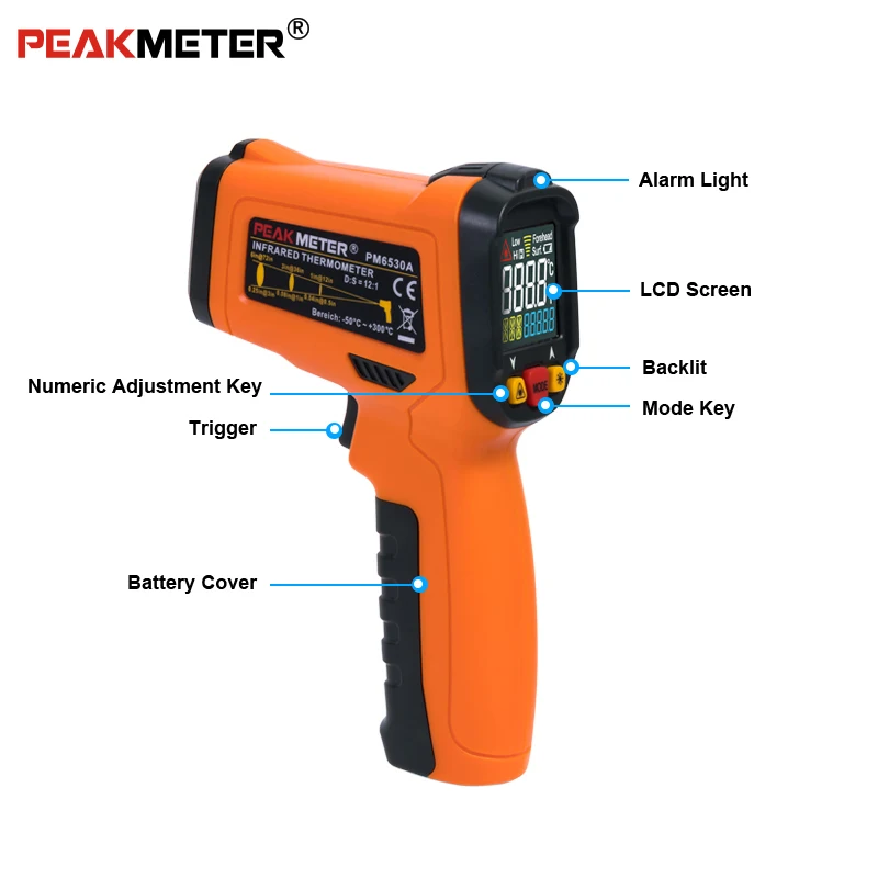 Официальный PEAKMETER PM6530A лазерный ЖК-цифровой термометр измеритель температуры пистолет инфракрасный-50~ 300 C градусов Бесконтактный термометр