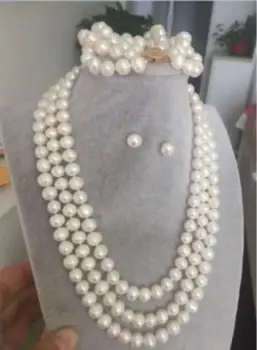 

set 3 row 10-9mm south sea round white pearl necklace bracelet + gift earrings