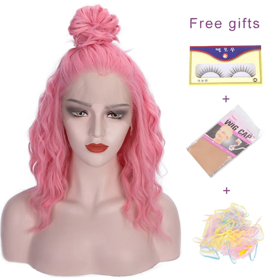 

I's a wig 16'' Synthetic Front Lace Wigs Short Wavy Pink Hair for Women Perucas Front Lace Hair can Cosplay Free Part Wave Wig