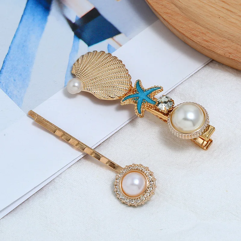 

Strip Hair Clips Acrylic Metal Barrettes Imitation Pearl Shell Hair Pins Marine Wind Woman Hairpin Crystal Holiday Hair Jewelry