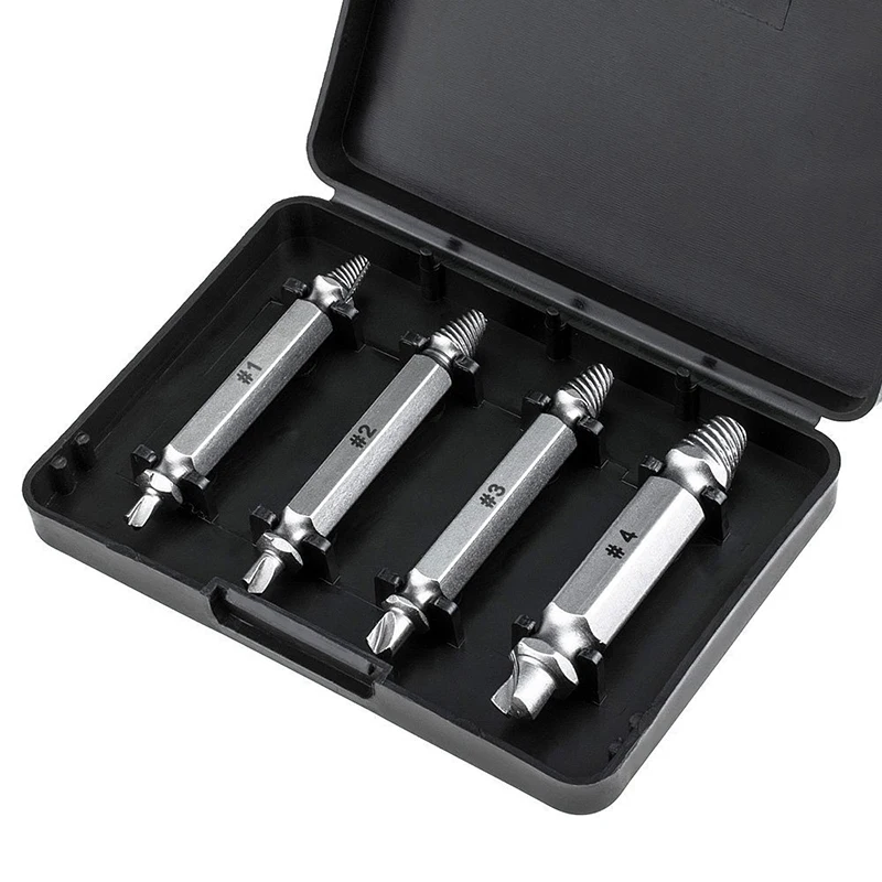 

4Piece Screw Extractor Drill Bit Damaged Guide Device Broken Speed Output Easy Bolt Stud Peeling Screw Removal Tool