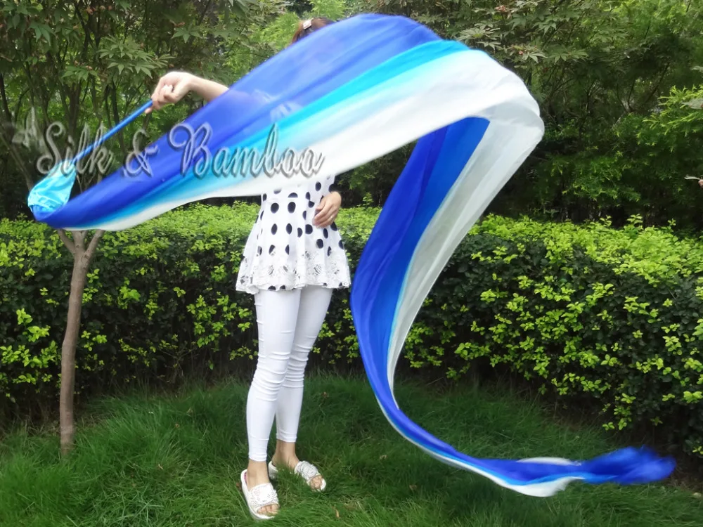 

long side white-turquoise-blue, 1 piece 4m*0.9m(156"*35") worship throw streamer, wooden or Acrylic sticks+real silk!