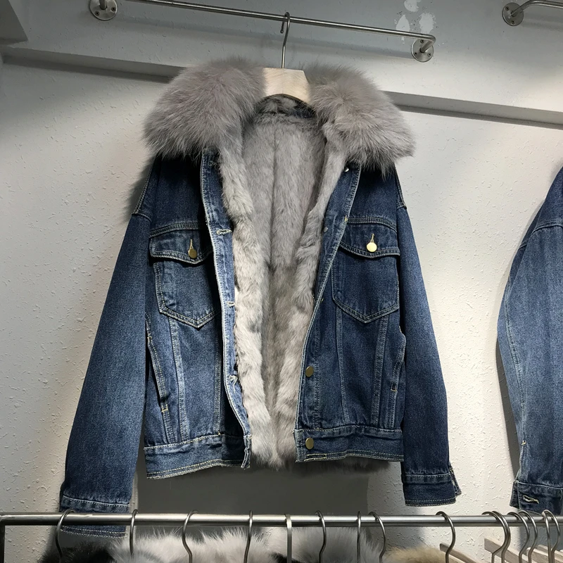 

Winter Fox Fur Collar Denim Jacket For Women Removable Rabbit Wool Liner Jeans Jacket Outwear Thick Warm Loose Basic Coat Female